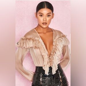 House of London vintage beige nude plunge ruffle long sleeve Bodysuit